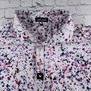 Bad Birdie Polo Shirt Mens Medium White Pink Blue Splatter Good Golf Performance